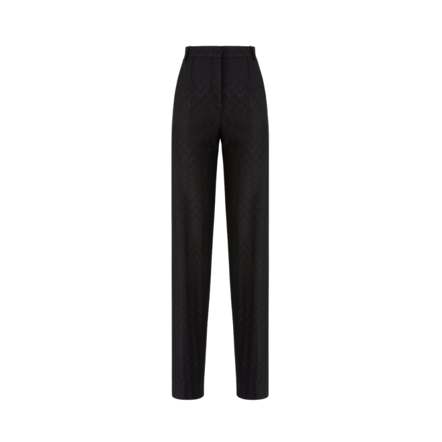 Pantalon carotte MISSONI laine viscose à motif zigzag ton sur ton noir