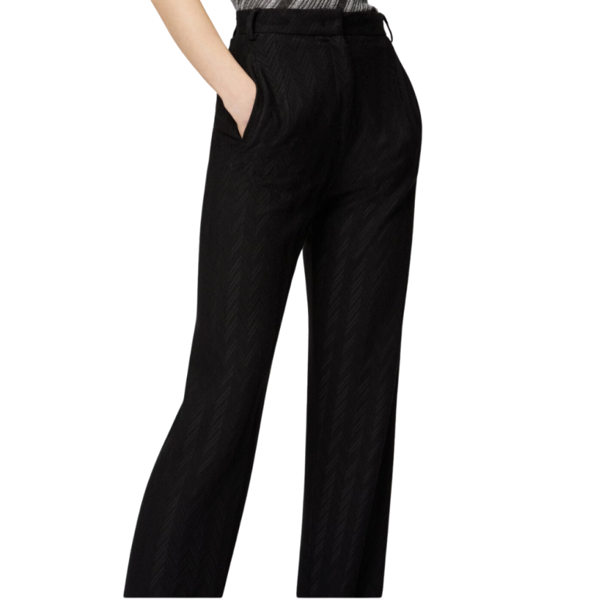 Pantalon carotte MISSONI laine viscose à motif zigzag ton sur ton noir