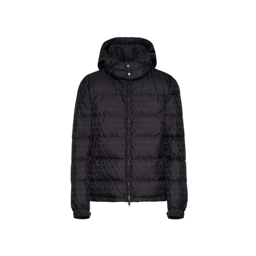 Doudoune à capuche VALENTINO nylon bleu marine motif logo ton sur ton