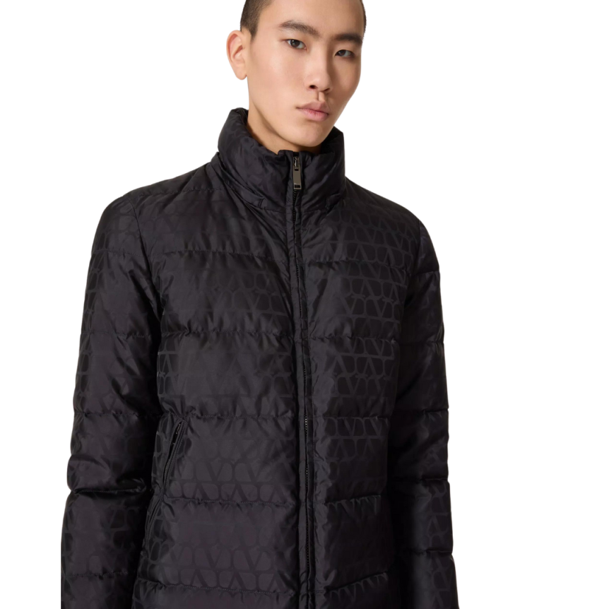 Doudoune à capuche VALENTINO nylon bleu marine motif logo ton sur ton