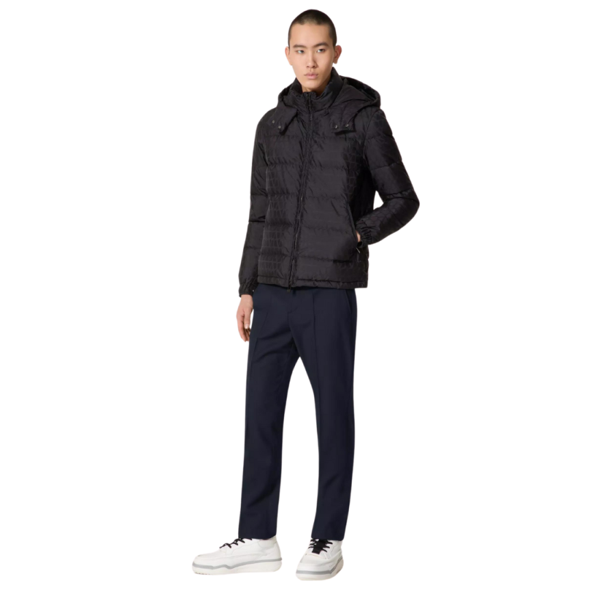 Doudoune à capuche VALENTINO nylon bleu marine motif logo ton sur ton