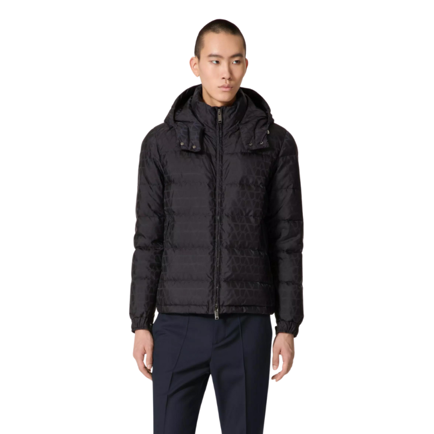 Doudoune à capuche VALENTINO nylon bleu marine motif logo ton sur ton