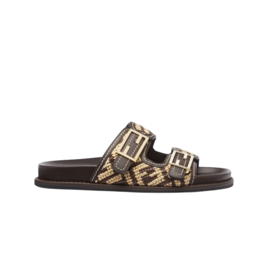 Sandales plates FENDI Feel double bride boucles FF Baguette marron beige