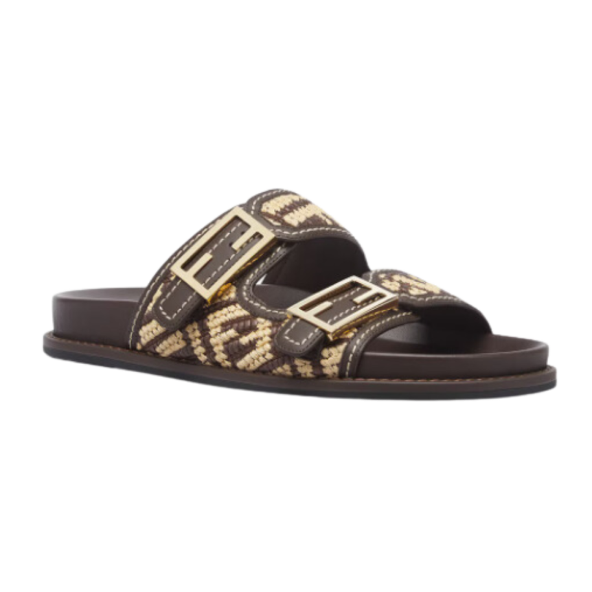 Sandales plates FENDI Feel double bride boucles FF Baguette marron beige