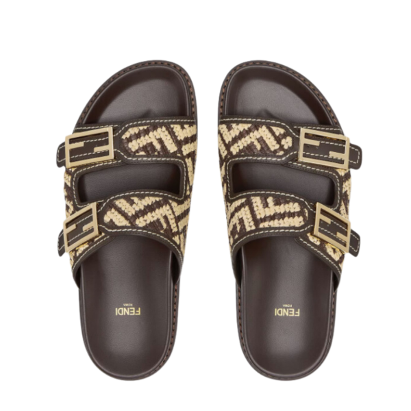 Sandales plates FENDI Feel double bride boucles FF Baguette marron beige