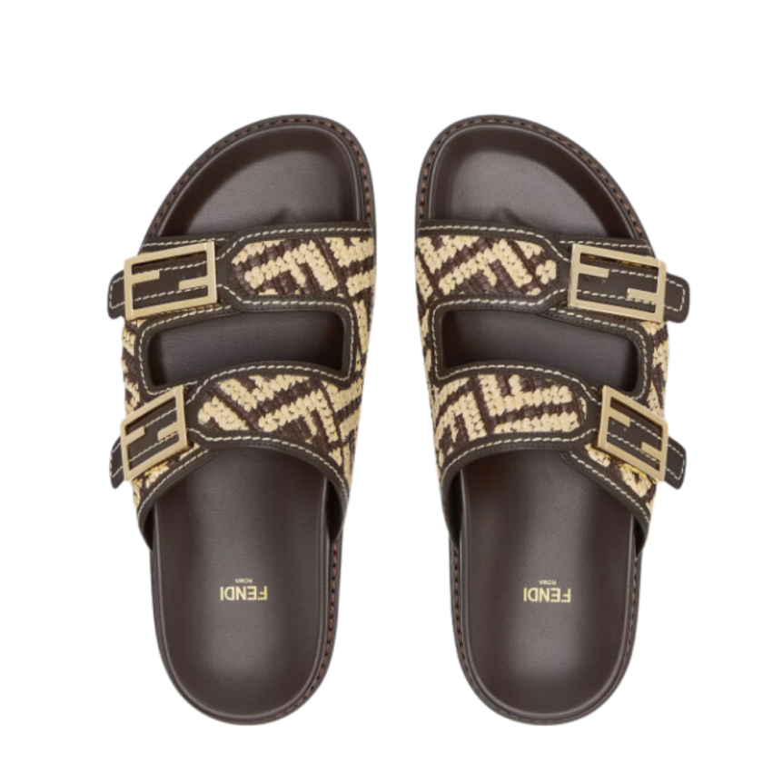 Sandales plates FENDI Feel double bride boucles FF Baguette marron beige