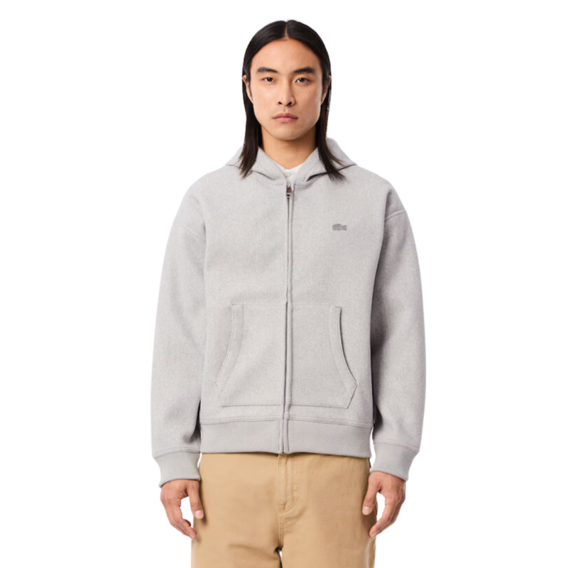 Sweat shirt a capuche LACOSTE zippe flanelle gris clair logo crocodile