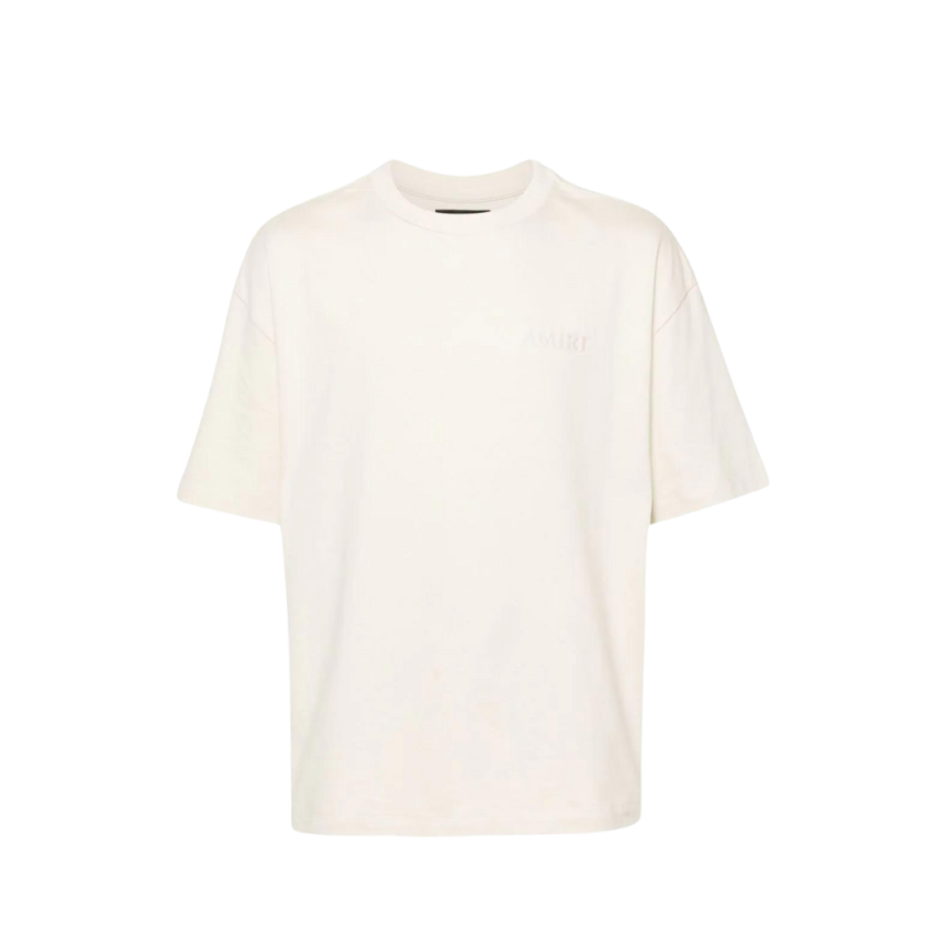 t-shirt col rond AMIRI coton écru logo brodé poitrine dos ton sur ton