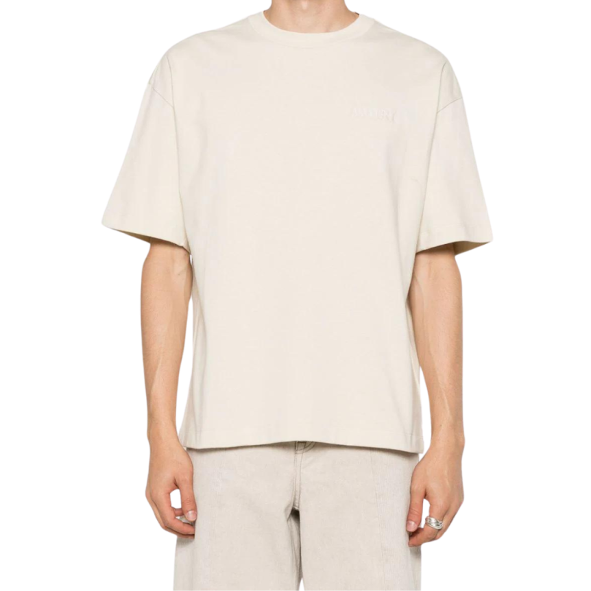 t-shirt col rond AMIRI coton écru logo brodé poitrine dos ton sur ton