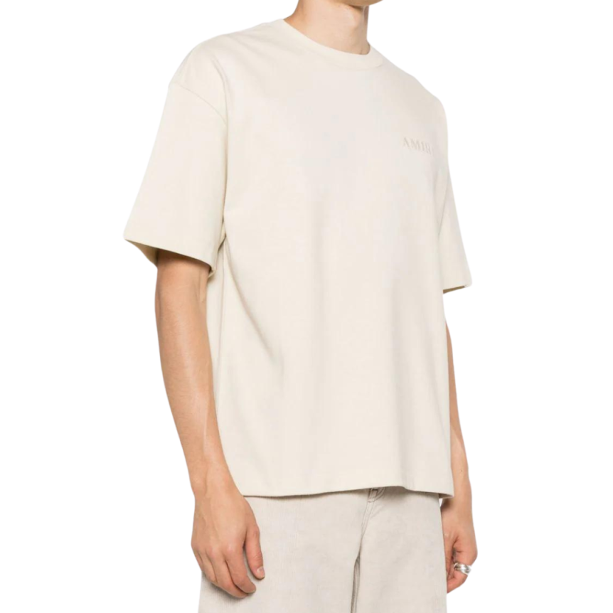t-shirt col rond AMIRI coton écru logo brodé poitrine dos ton sur ton
