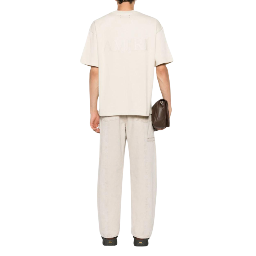 t-shirt col rond AMIRI coton écru logo brodé poitrine dos ton sur ton