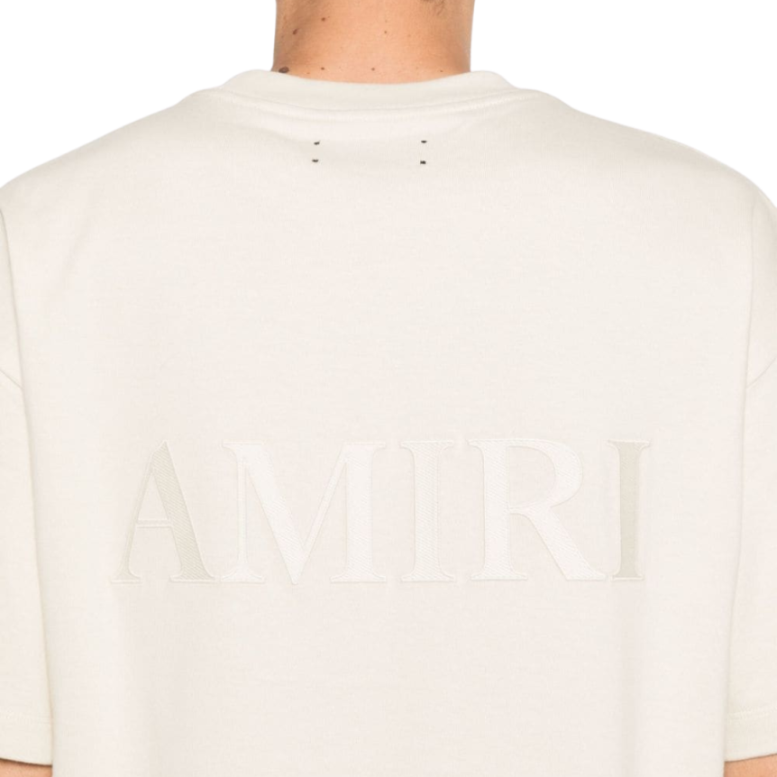 t-shirt col rond AMIRI coton écru logo brodé poitrine dos ton sur ton
