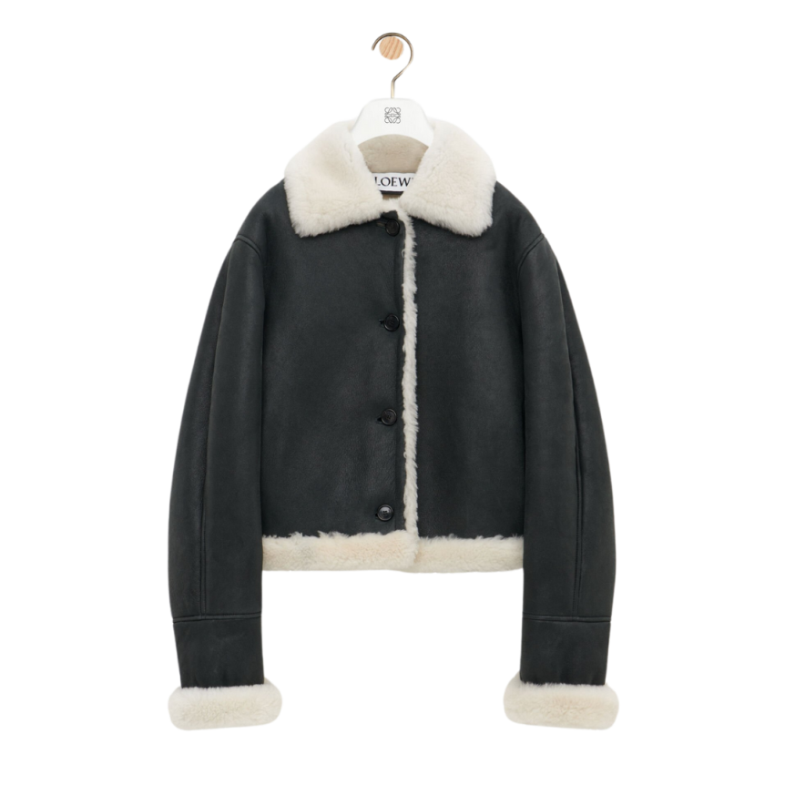 Veste courte bomber LOEWE peau mouton shearling noir blanc