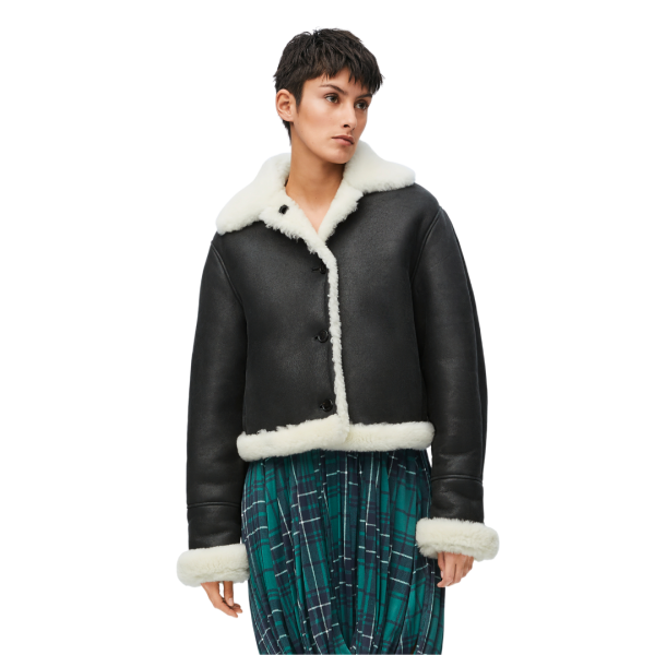 Veste courte bomber LOEWE peau mouton shearling noir blanc