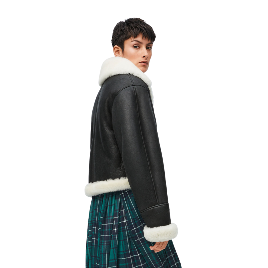 Veste courte bomber LOEWE peau mouton shearling noir blanc