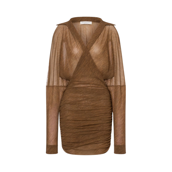 Robe courte PHILOSOPHY DI LORENZO SERAFINI portefeuille Col chemise V fronces marron