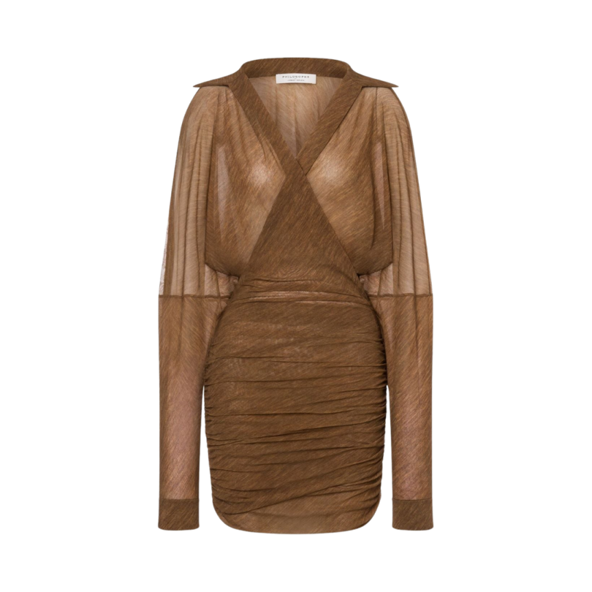 Robe courte PHILOSOPHY DI LORENZO SERAFINI portefeuille Col chemise V fronces marron