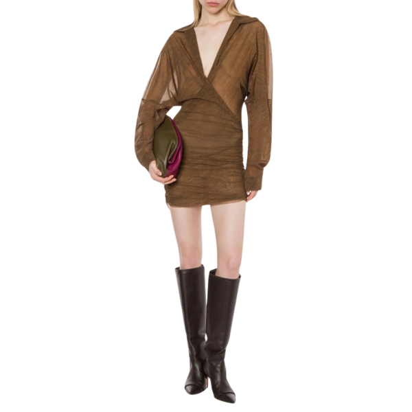 Robe courte PHILOSOPHY DI LORENZO SERAFINI portefeuille Col chemise V fronces marron