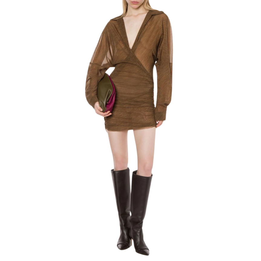 Robe courte PHILOSOPHY DI LORENZO SERAFINI portefeuille Col chemise V fronces marron