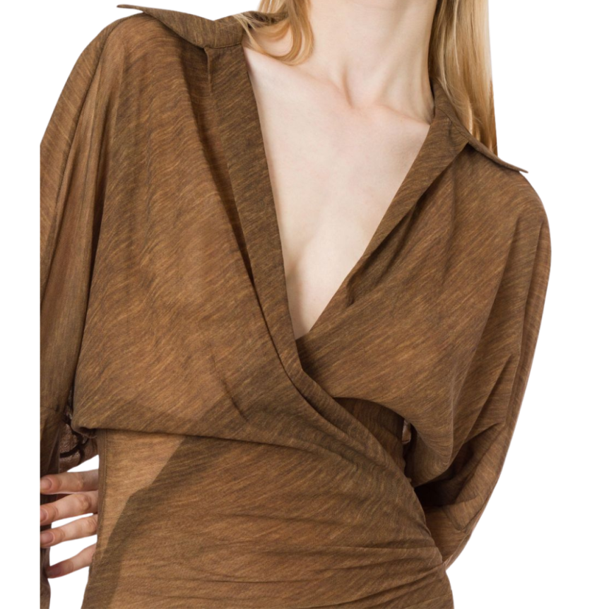 Robe courte PHILOSOPHY DI LORENZO SERAFINI portefeuille Col chemise V fronces marron