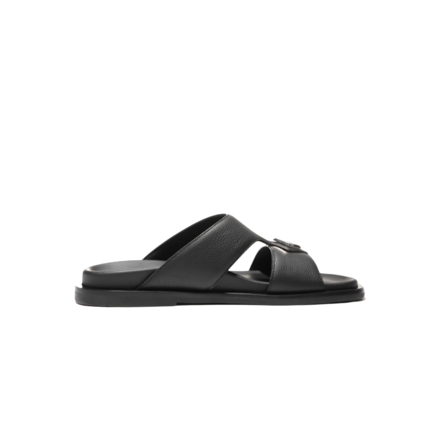 DIOR Sandales claquettes cuir noir CD métal argent