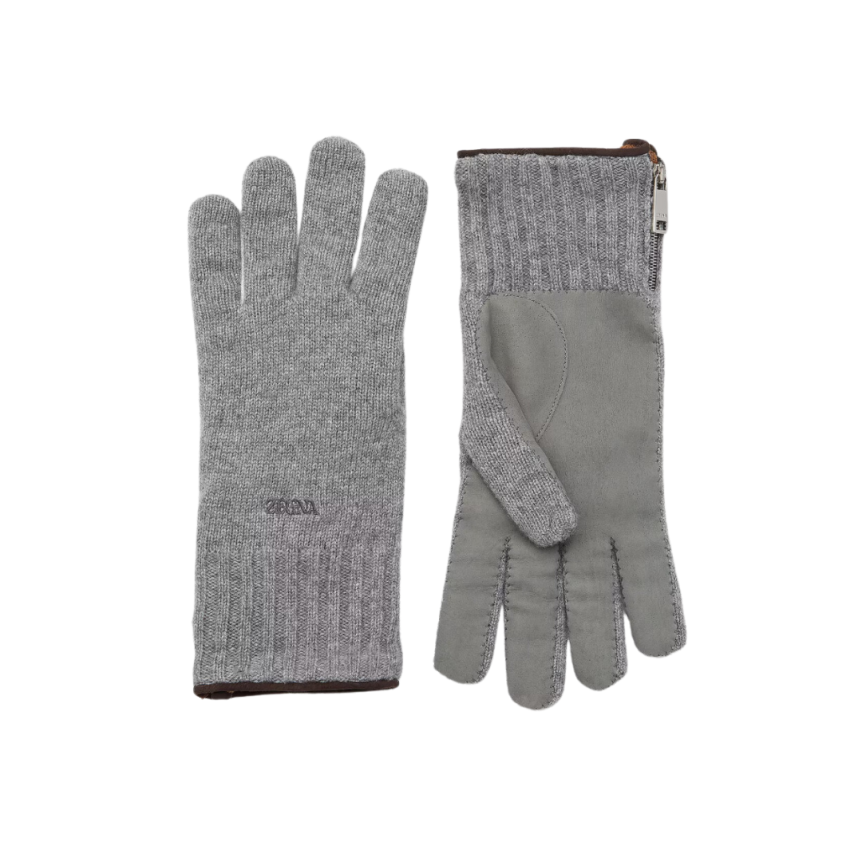 Gants ZEGNA Oasi Cashmere gris paume cuir
