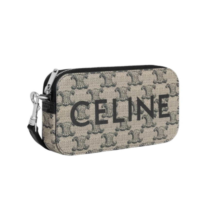 Pochette horizontale toile Triomphe gris logo Celine