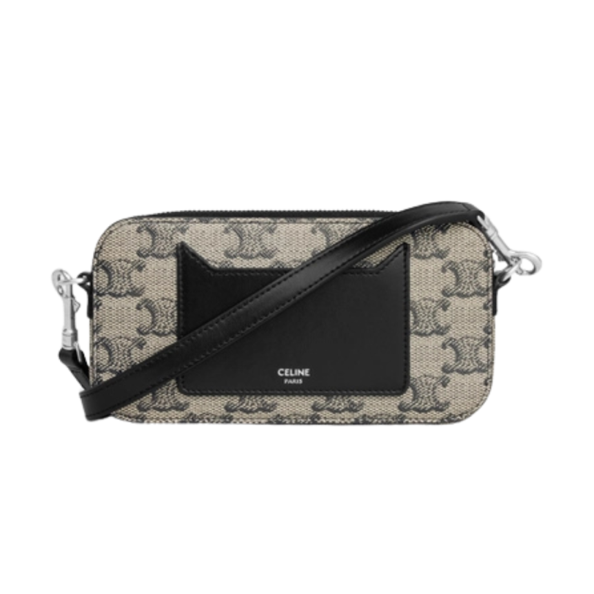 Pochette horizontale toile Triomphe gris logo Celine