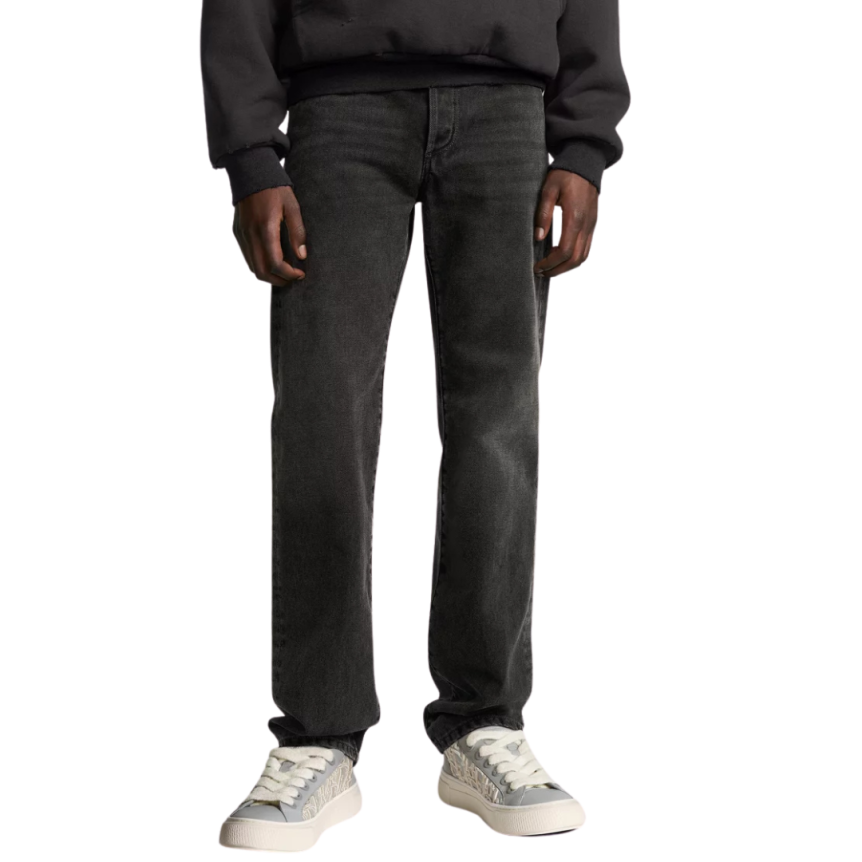 Jean droit DIOR denim sergé coton gris délavé plaque logo