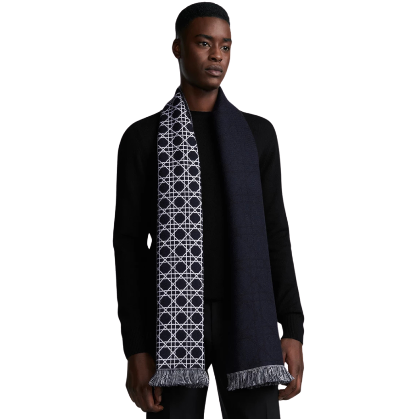 Écharpe DIOR Cannage rayures laine bleu marine gris blanc