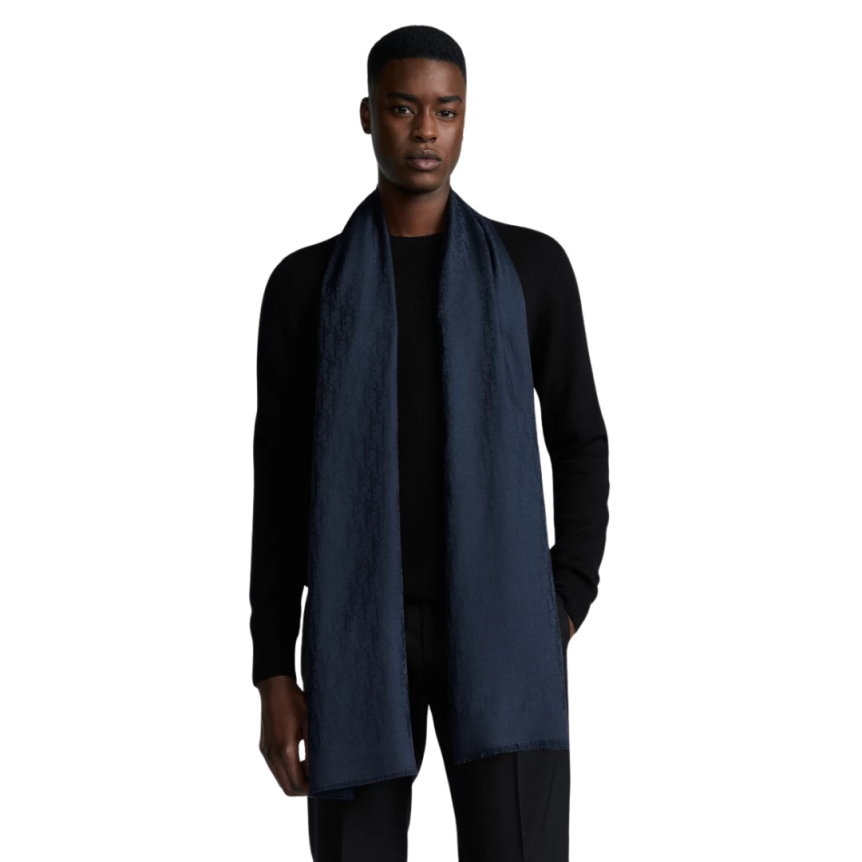 Echarpe Étole Dior Oblique Laine soie bleu marine