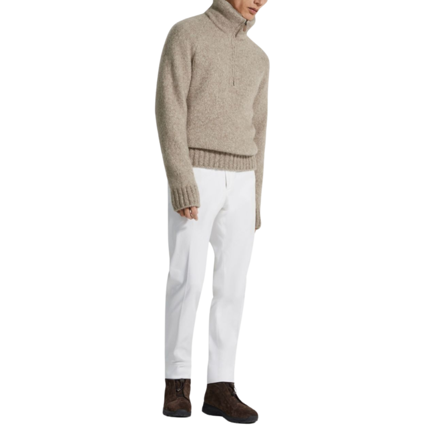 Pull col montant ZEGNA zippé cachemire beige chiné intérieur fourrure