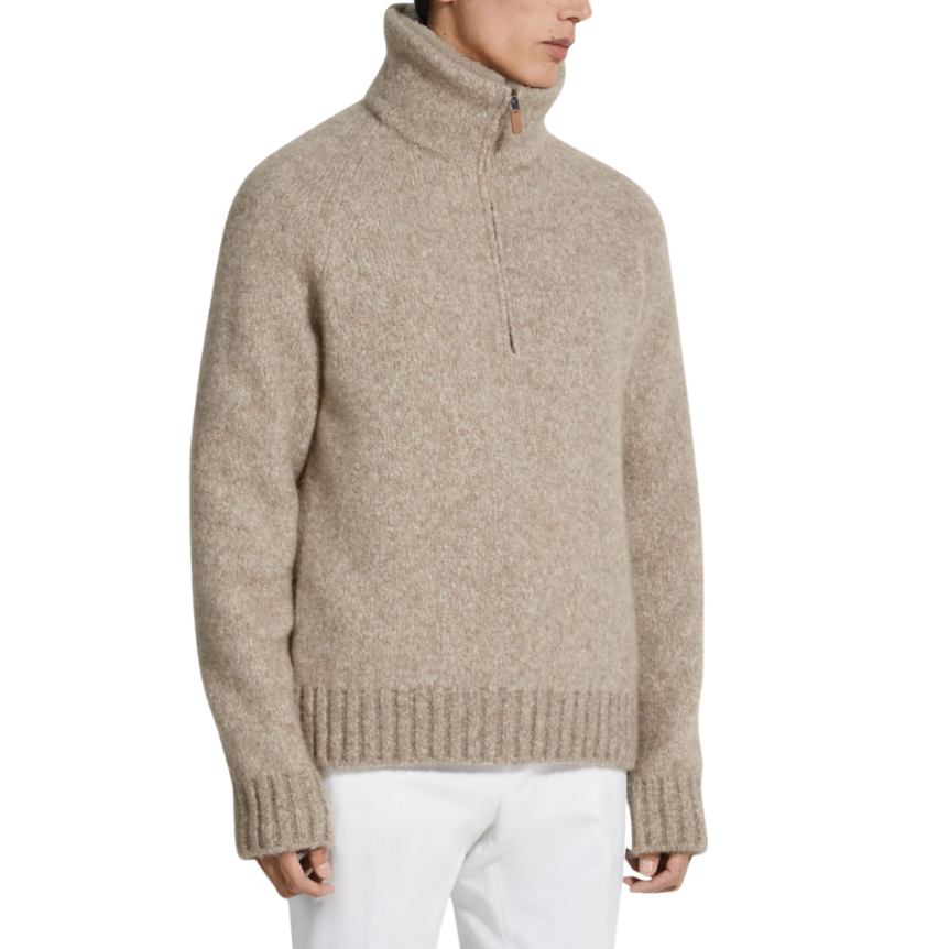 Pull col montant ZEGNA zippé cachemire beige chiné intérieur fourrure