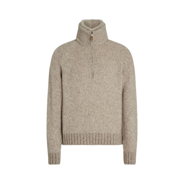Pull col montant ZEGNA zippé cachemire beige chiné intérieur fourrure