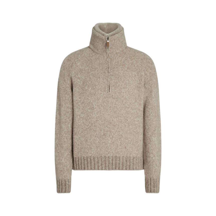 Pull col montant ZEGNA zippé cachemire beige chiné intérieur fourrure