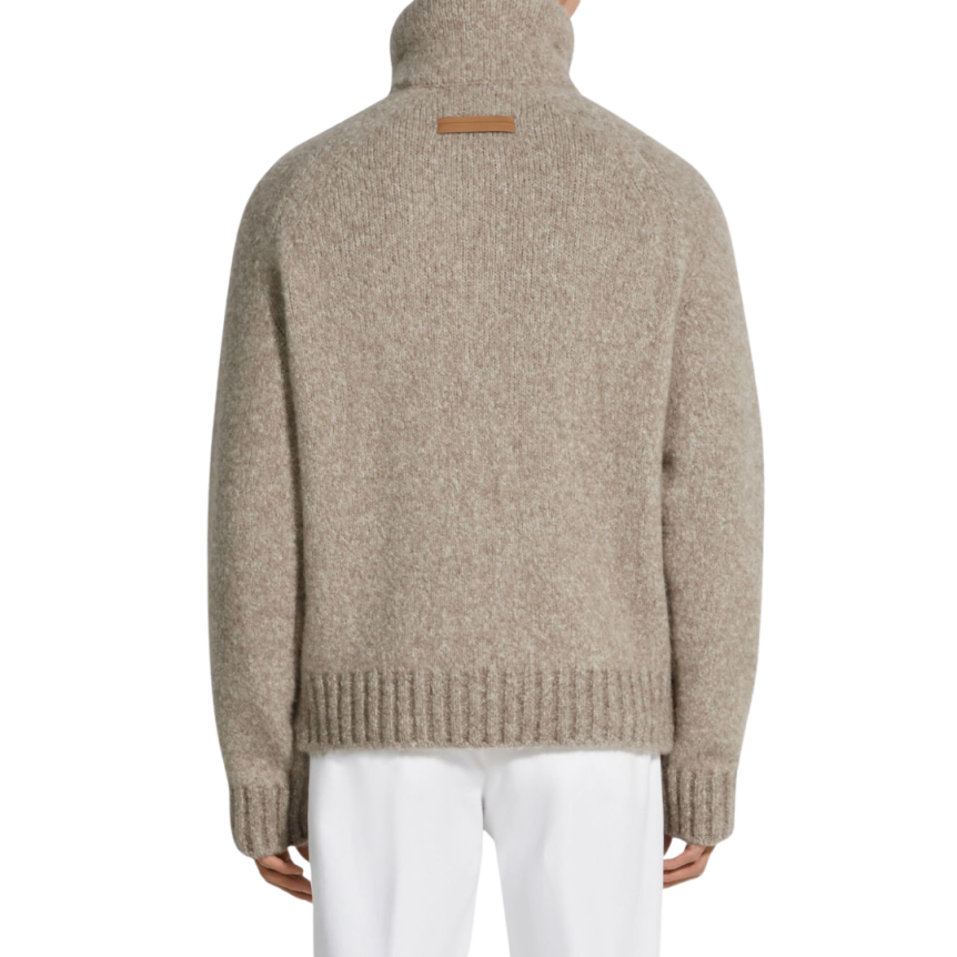 Pull col montant ZEGNA zippé cachemire beige chiné intérieur fourrure