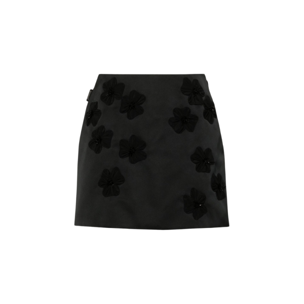Jupe courte MONCLER nylon satin noir broderie fleurs