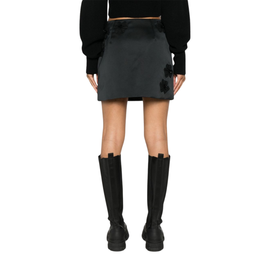 Jupe courte MONCLER nylon satin noir broderie fleurs