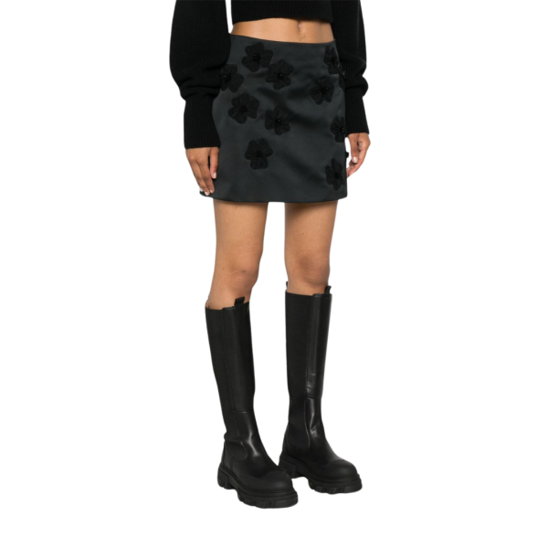 Jupe courte MONCLER nylon satin noir broderie fleurs