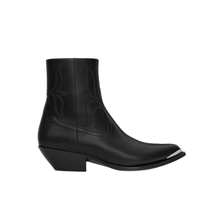 Boots CELINE santiag Léon zippée cuir veau noir brillant pointe métal