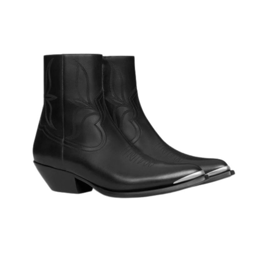 Boots CELINE santiag Léon zippée cuir veau noir brillant pointe métal