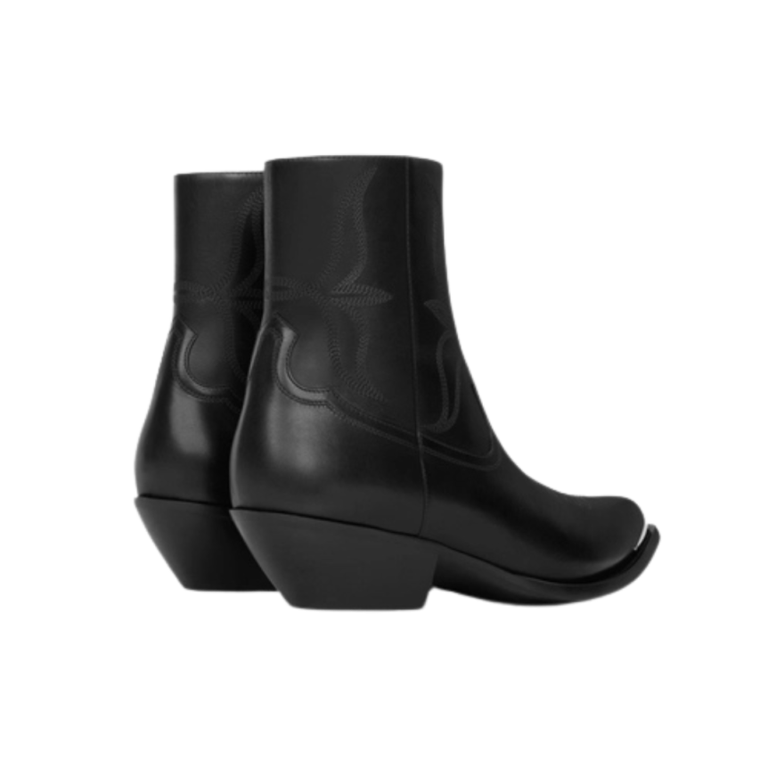Boots CELINE santiag Léon zippée cuir veau noir brillant pointe métal