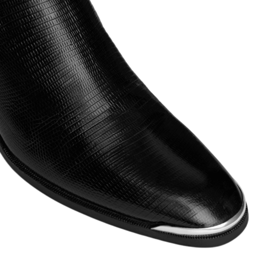 Boots CELINE Western Chelsea cuir lézard noir bout métal boucle argent