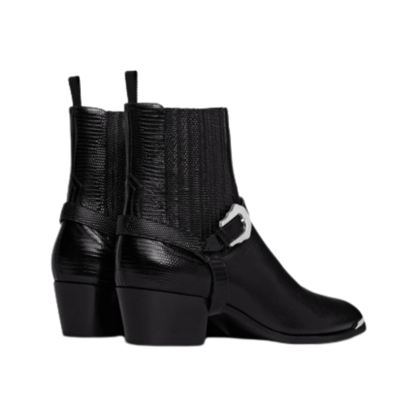 Boots CELINE Western Chelsea cuir lézard noir bout métal boucle argent