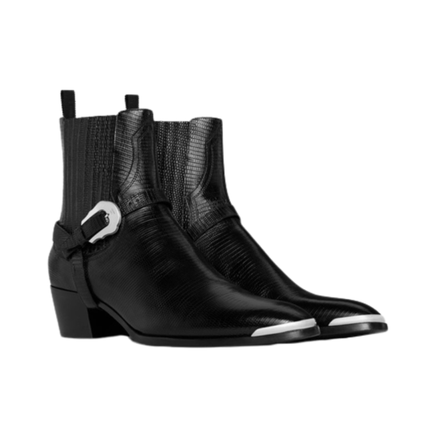 Boots CELINE Western Chelsea cuir lézard noir bout métal boucle argent