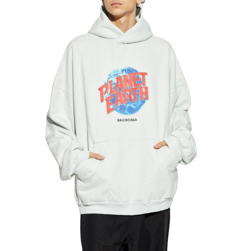 Sweat-shirt à capuche BALENCIAGA Hoodie coton blanc Planet Earth