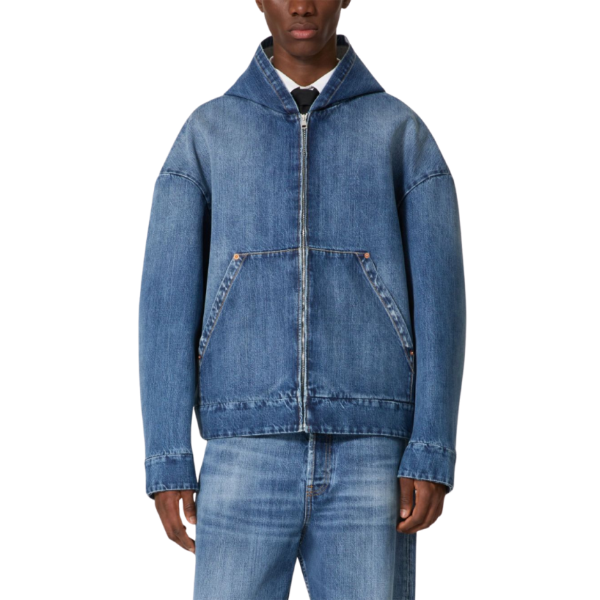 Veste surchemise VALENTINO capuche denim jeans bleu doublé molleton gris