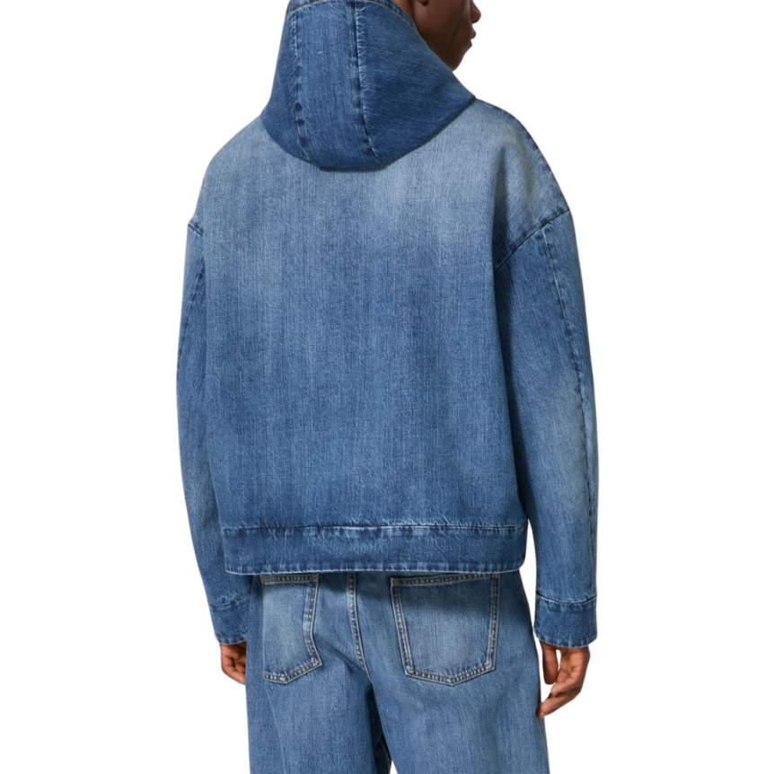 Veste surchemise VALENTINO capuche denim jeans bleu doublé molleton gris