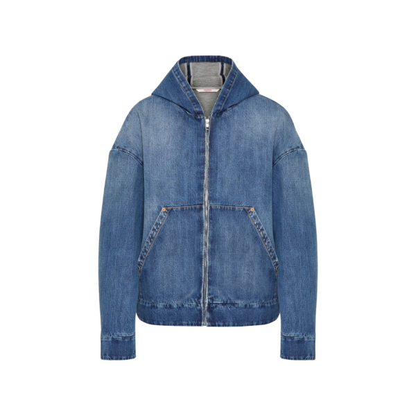 Veste surchemise VALENTINO capuche denim jeans bleu doublé molleton gris