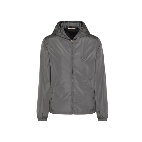 blouson Coupe vent zippé VALENTINO capuche nylon gris logo V métal